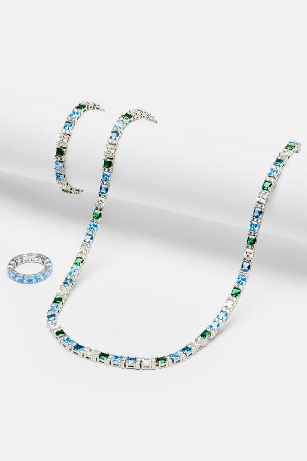 Iced Baguette Tennis Chain, Bracelet & Ring Bundle - Blue Green