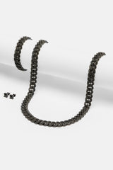 Iced Cuban Chain, Bracelet & Stud Earring Bundle - Black