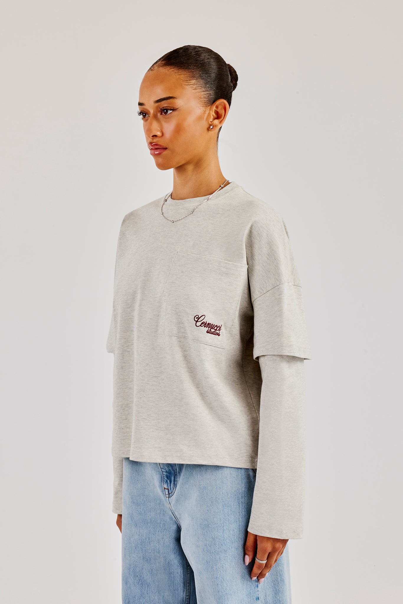 Faux Layer Embroidered T-Shirt - Ash Grey