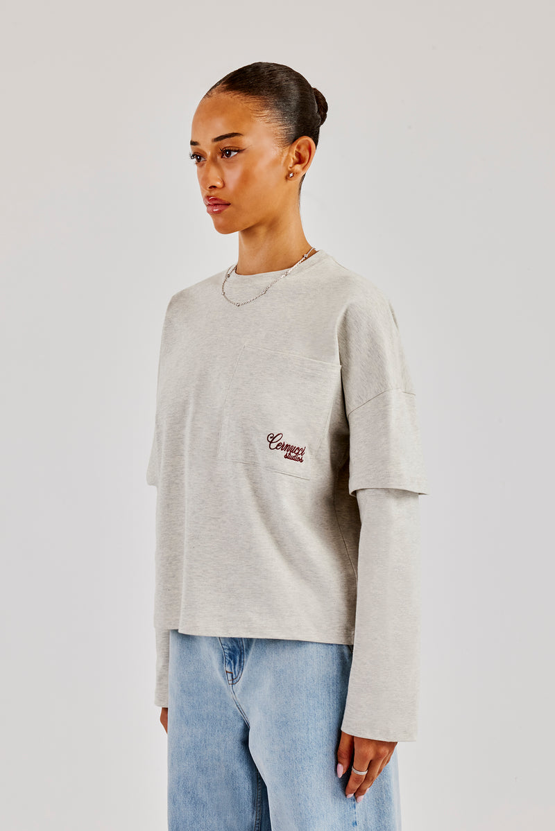 Faux Layer Embroidered T-Shirt - Ash Grey