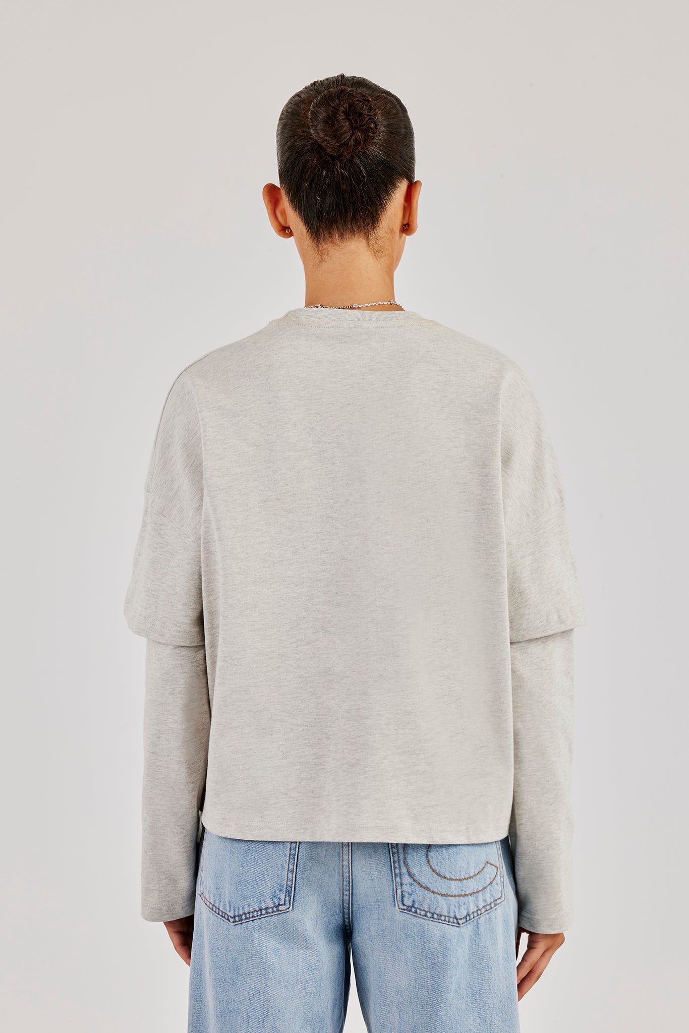 Faux Layer Embroidered T-Shirt - Ash Grey