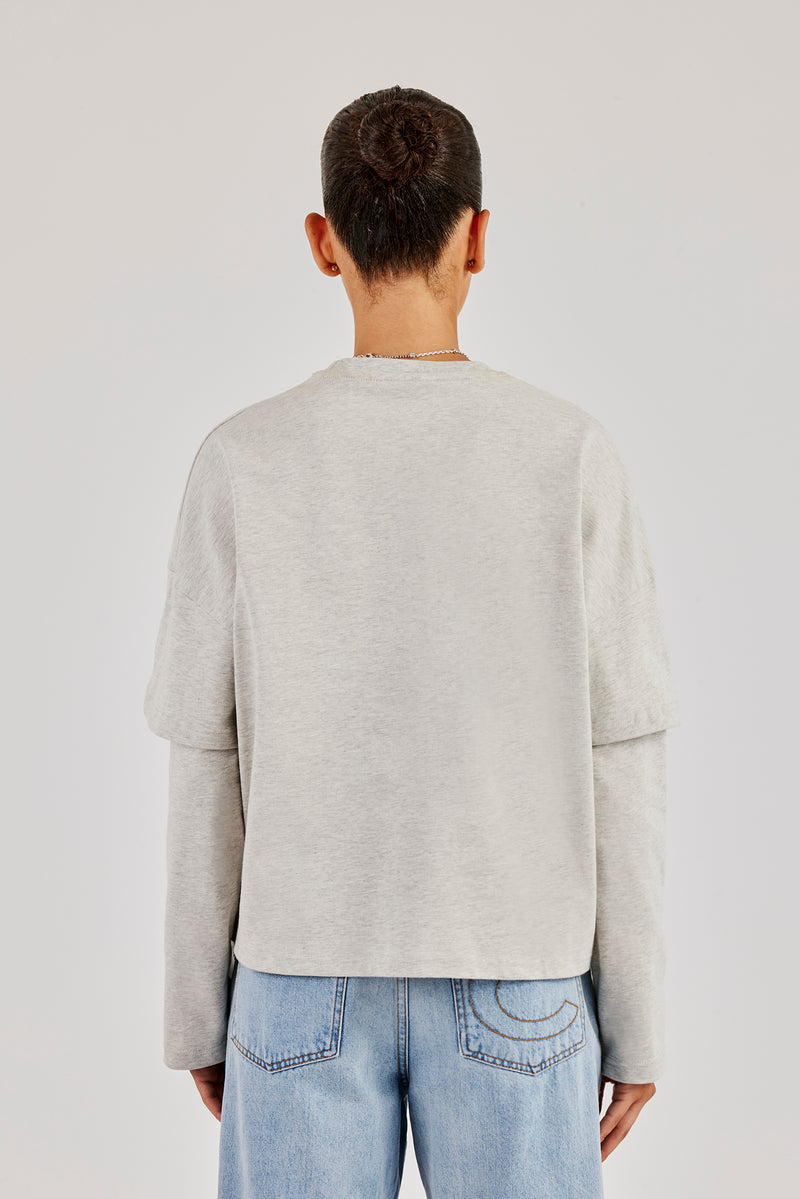 Faux Layer Embroidered T-Shirt - Ash Grey
