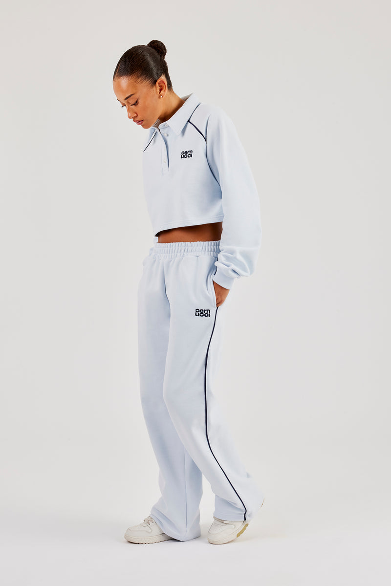 Cropped Rugby Polo & Wide Leg Jogger With Piping - Light Blue