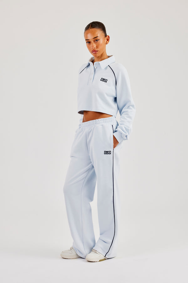 Cropped Rugby Polo & Wide Leg Jogger With Piping - Light Blue