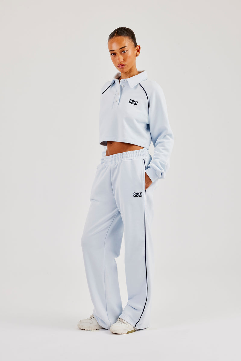Cropped Rugby Polo & Wide Leg Jogger With Piping - Light Blue