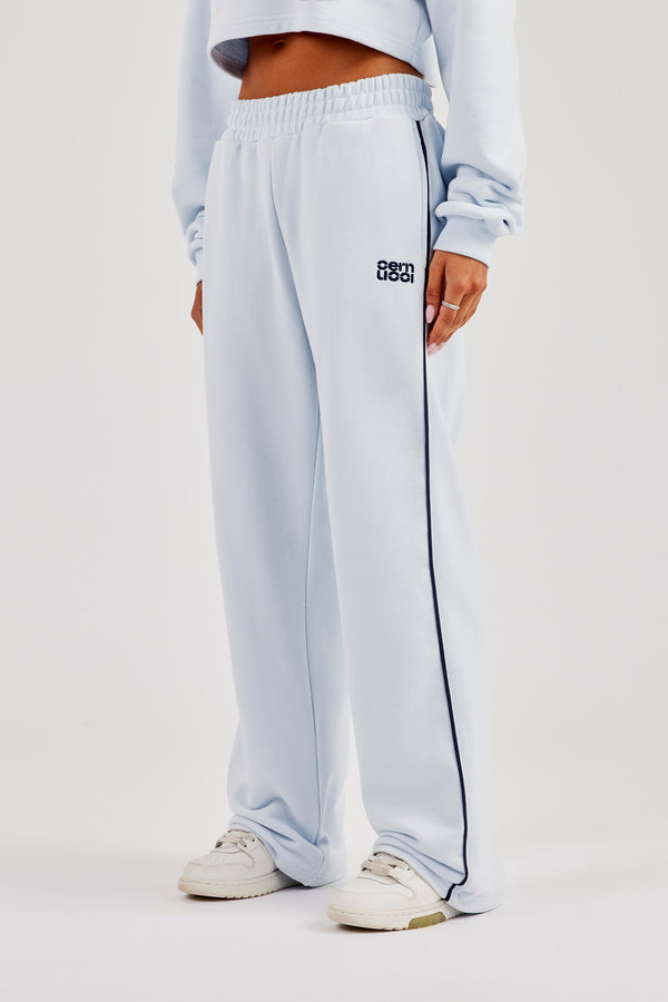Wide Leg Jogger With Piping - Light Blue