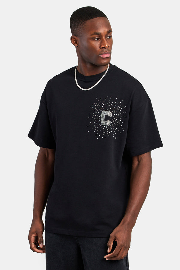 Oversized C Rhinestone T-Shirt - Black