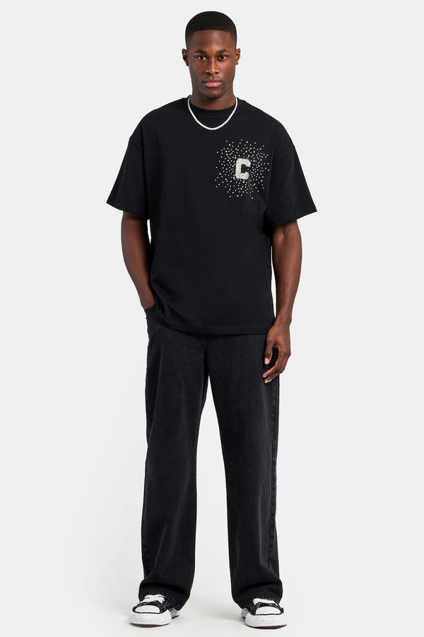Oversized C Rhinestone T-Shirt - Black