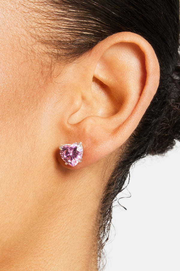 10mm Sterling Silver Iced Pink Heart Stud Earrings