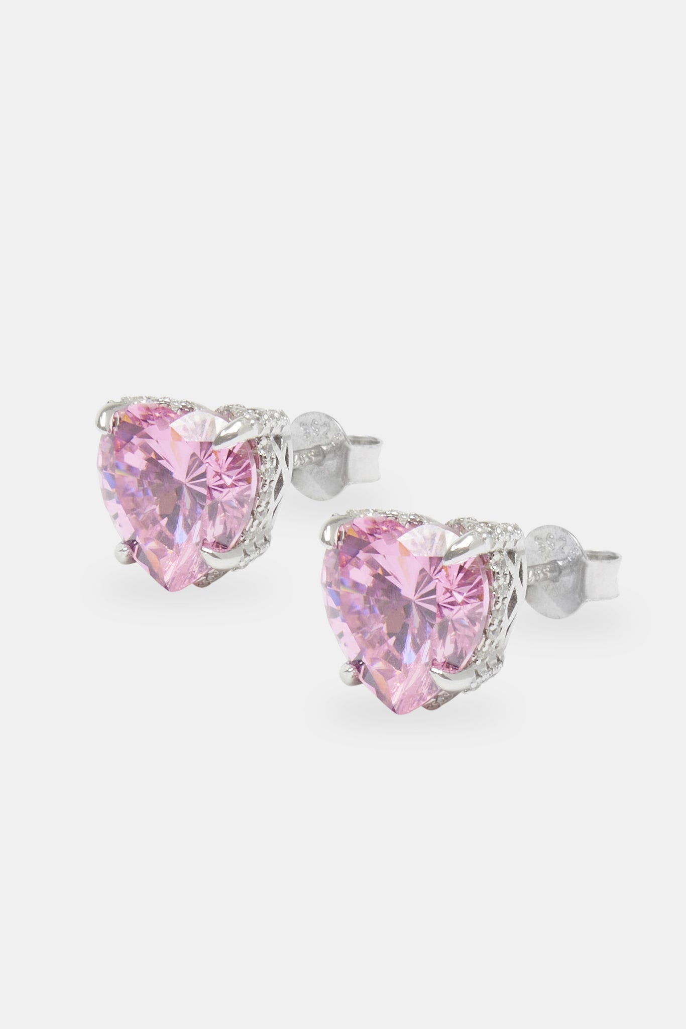 10mm Sterling Silver Iced Pink Heart Stud Earrings | Womens