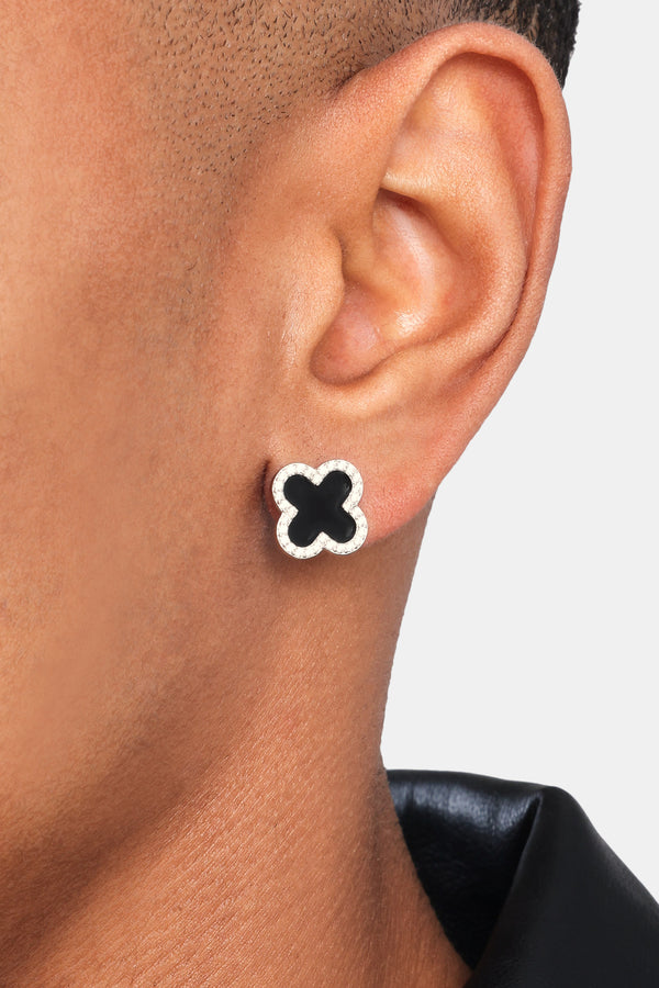 Black Motif Stud Earrings - White