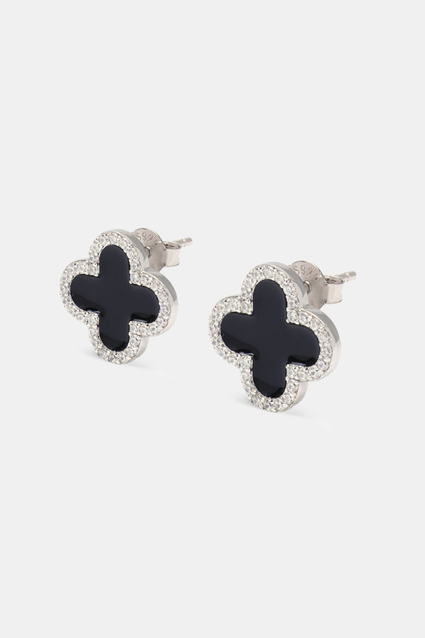 Black Motif Stud Earrings - White