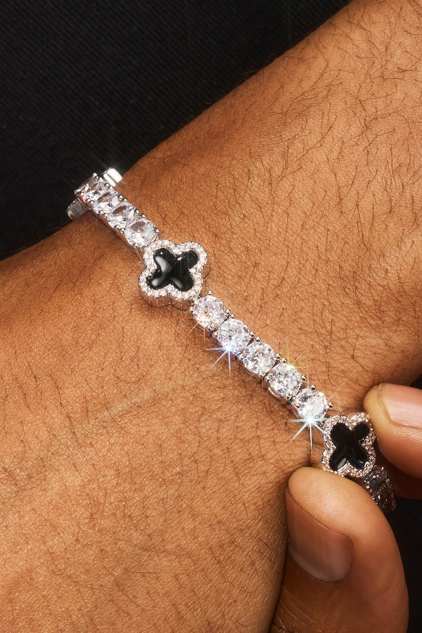 Mens Black Motif Tennis Chain + Bracelet - White - 5mm | Mens