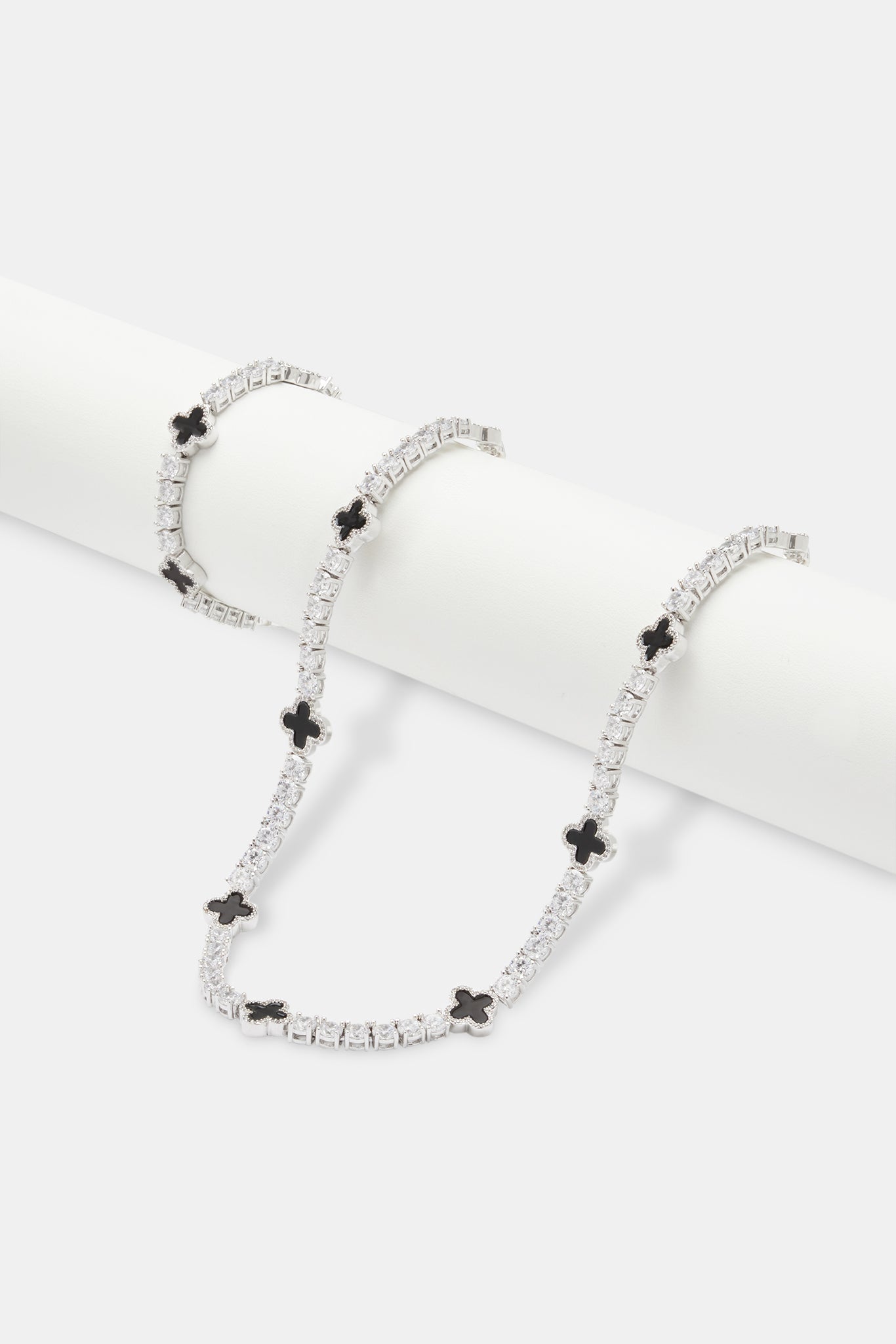 Mens Black Motif Tennis Chain + Bracelet - White - 5mm | Mens