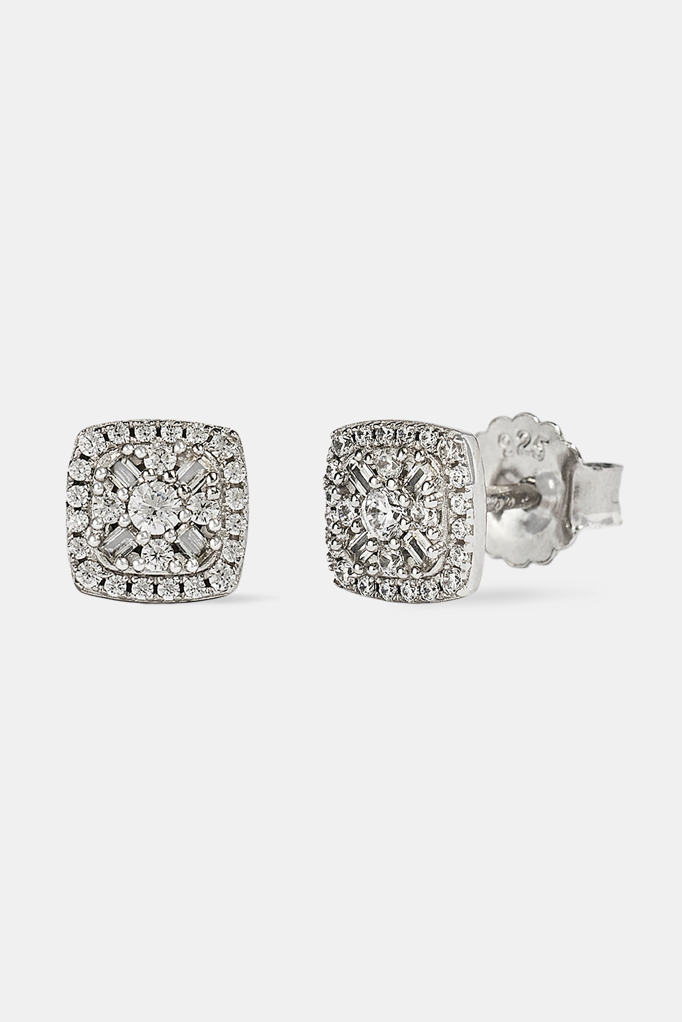 Baguette Centre Square Stud Earrings - 7mm - White