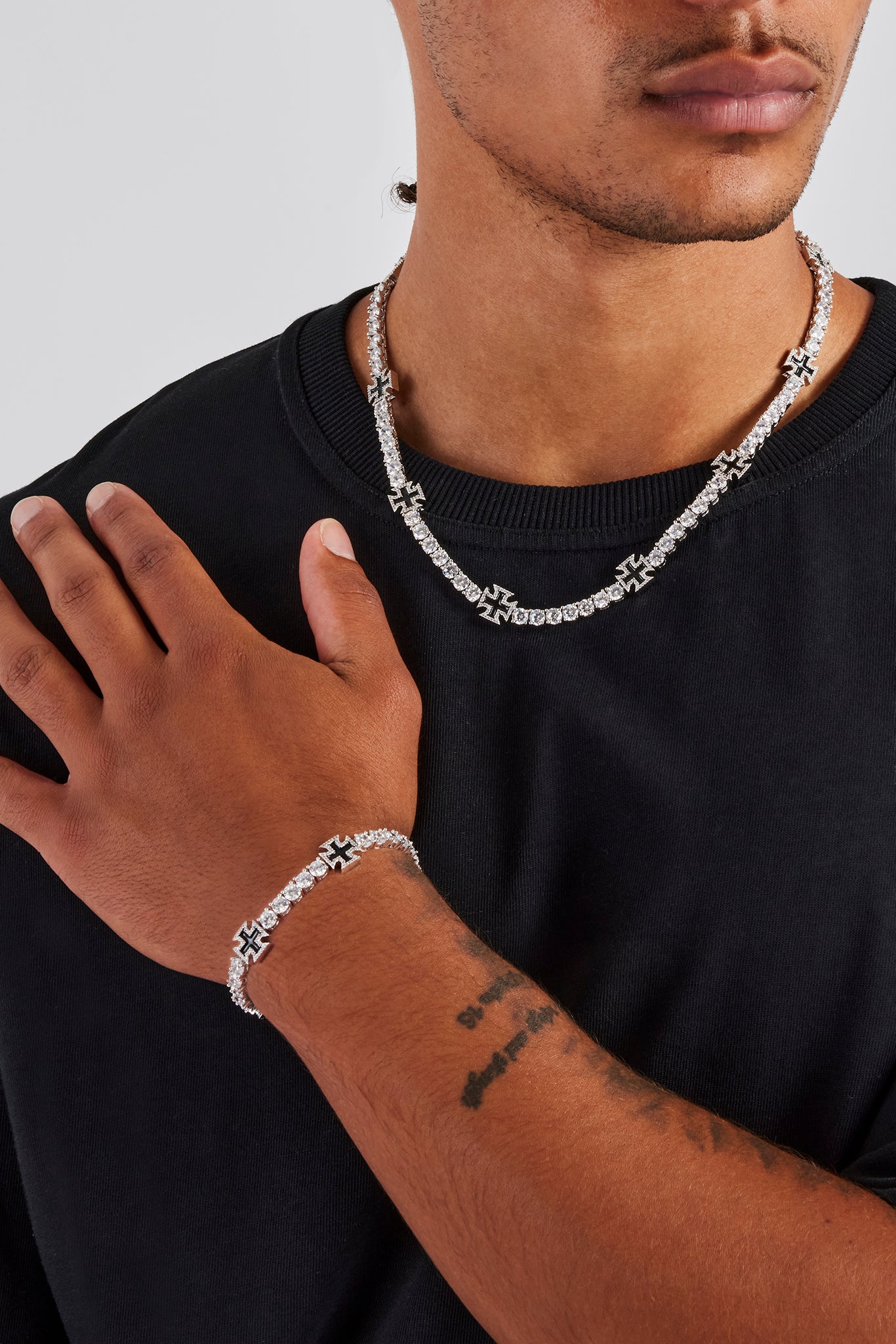 Black Cross Motif Tennis Chain & Bracelet - 5mm | Mens Bundles