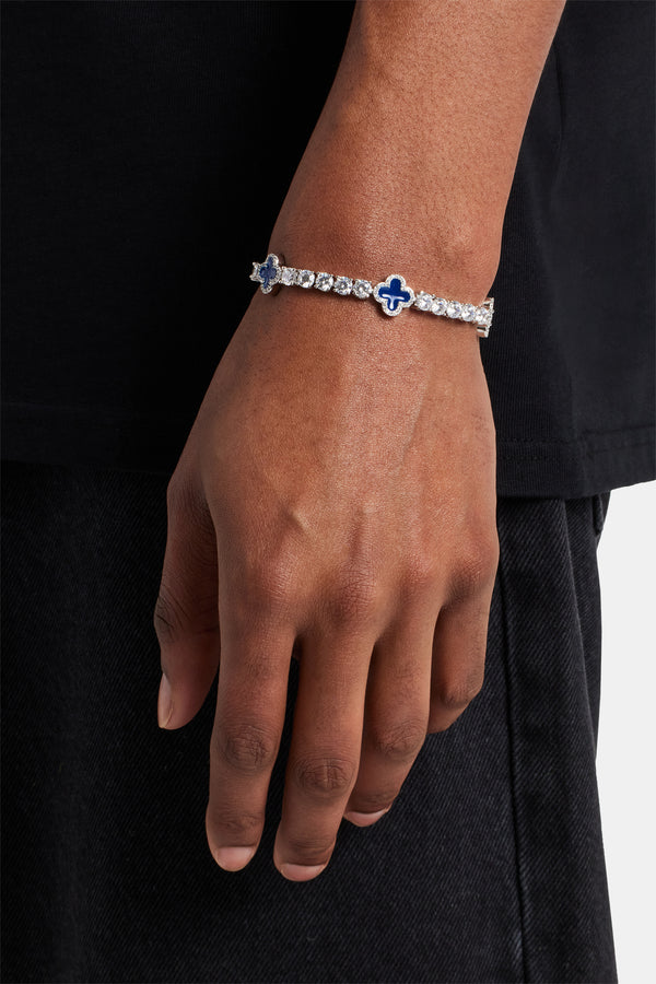 Male model wearing the blue motif tennis bracelet