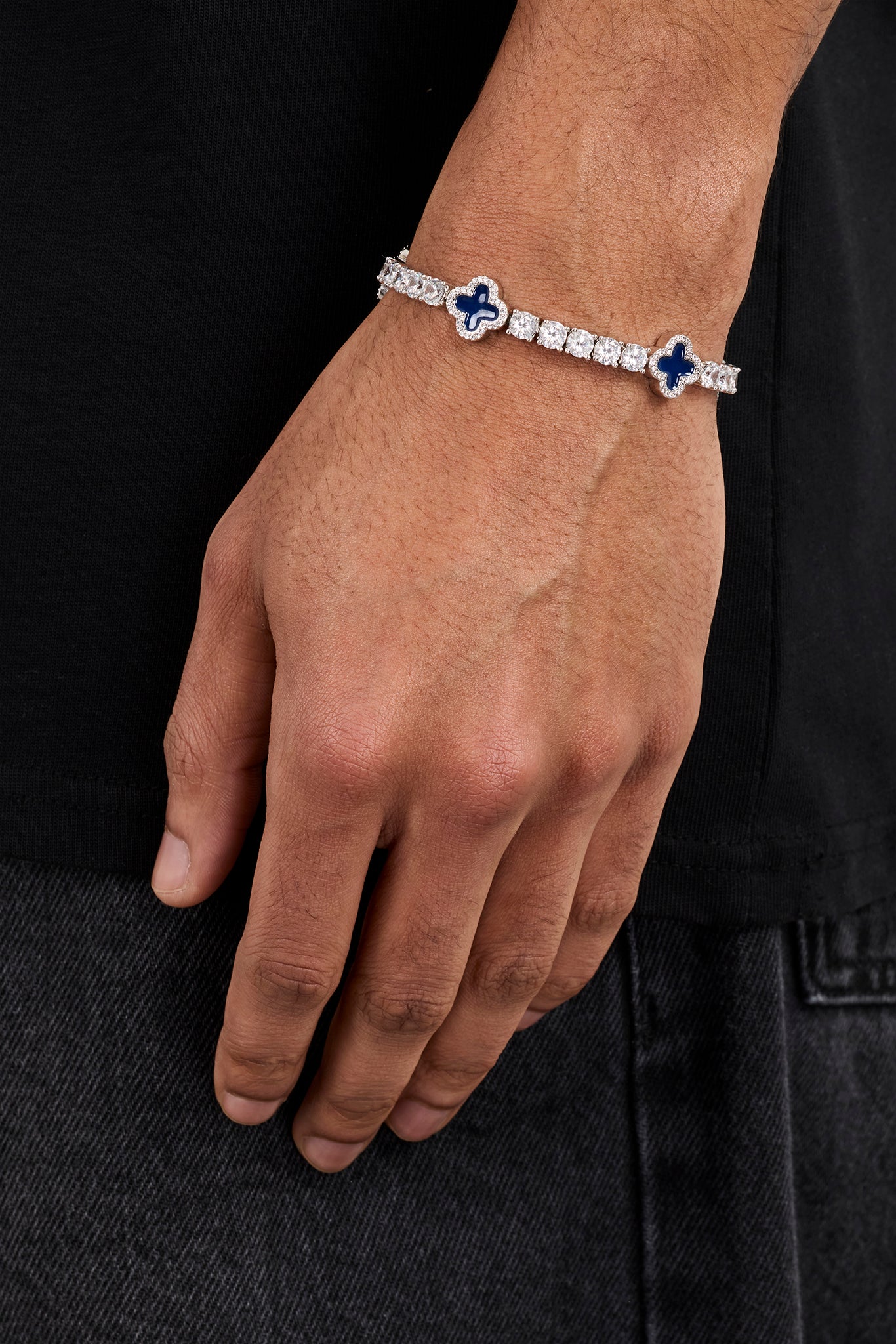 3mm Tennis Bracelet & 5mm Blue Motif Tennis Bracelet Set - White