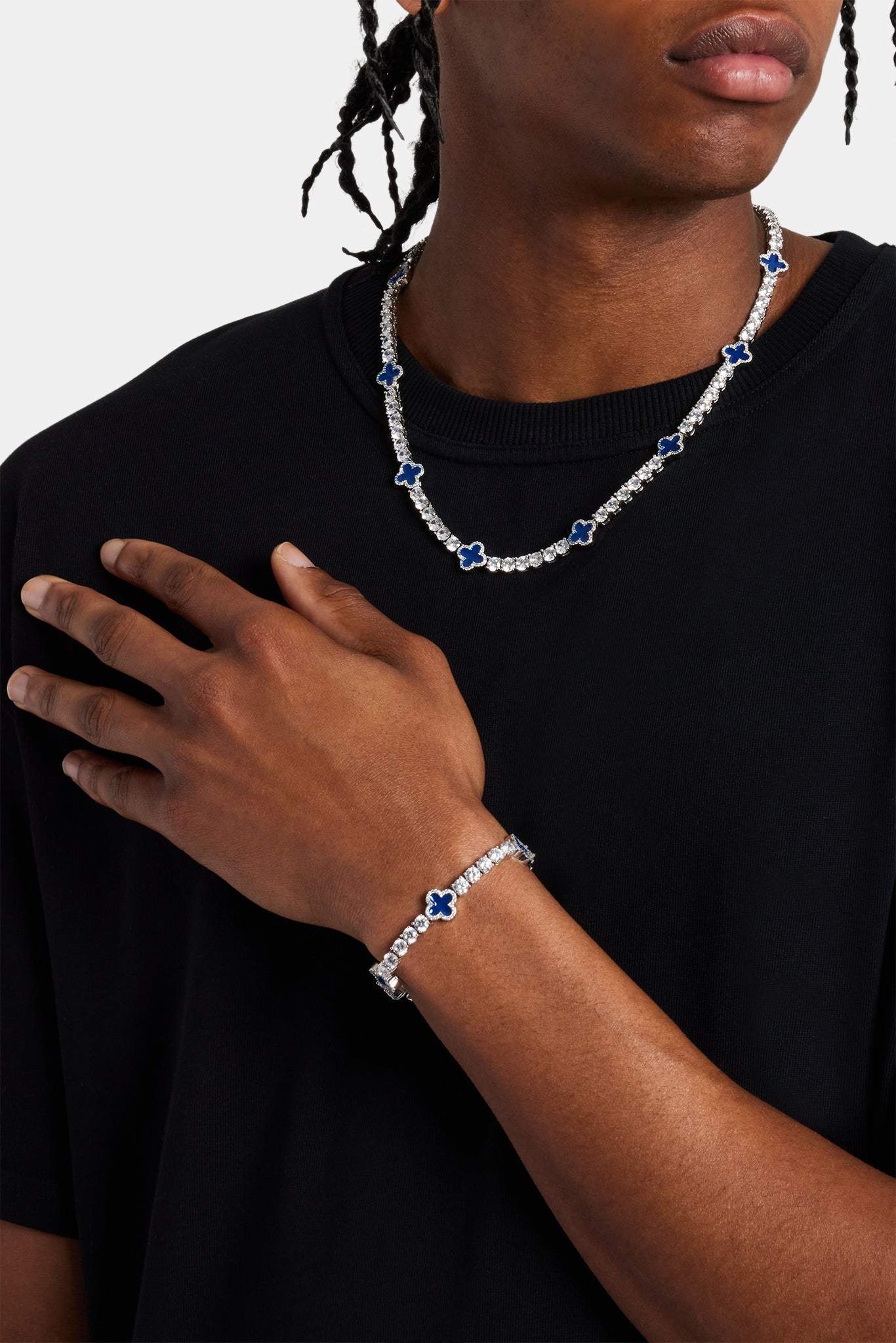 Mens Blue Motif Tennis Chain + Bracelet - 5mm
