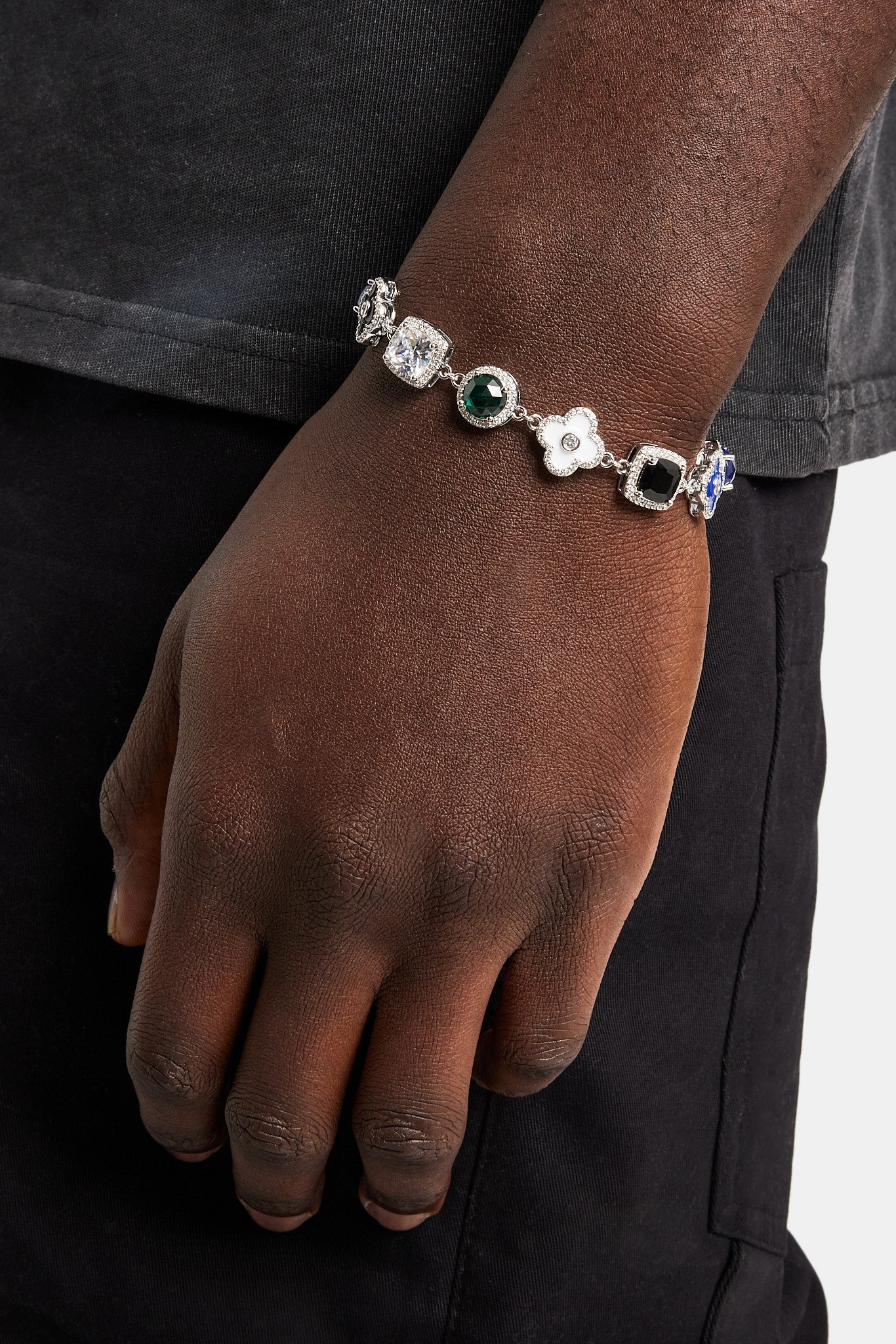 Blaues Armband mit mehreren Edelsteinen und Motiven – Weiß – 10 mm