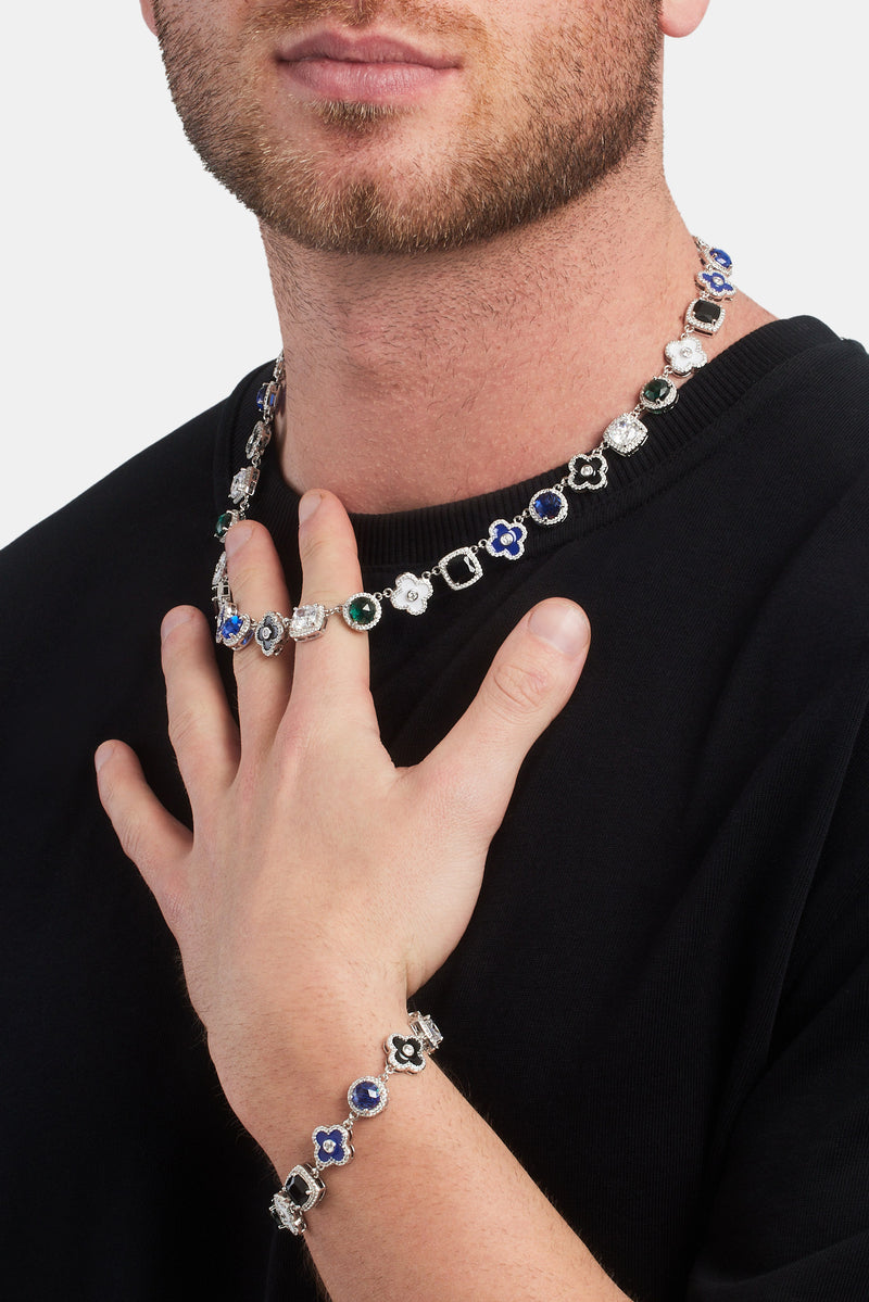 Blue Multi Gem + Motif Chain & Bracelet - White