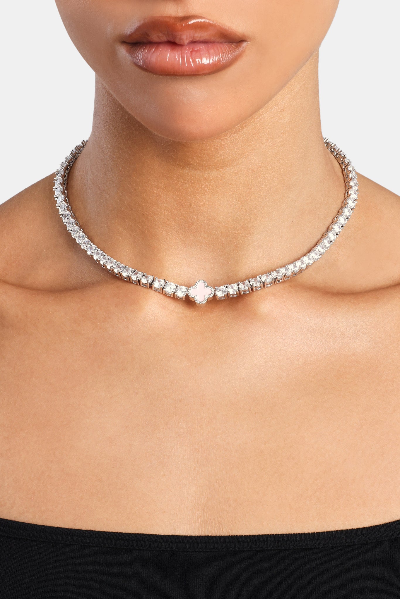 Iced Pink Motif Charm Tennis Chain - White 5mm | Womens Chains