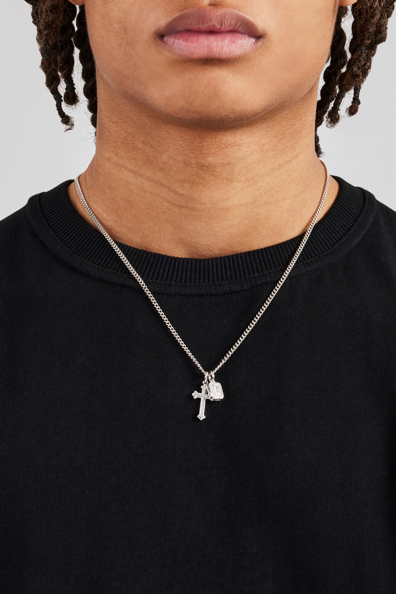 Clear Mixed Gemstone & Cross Layered Necklace - 20mm | Mens