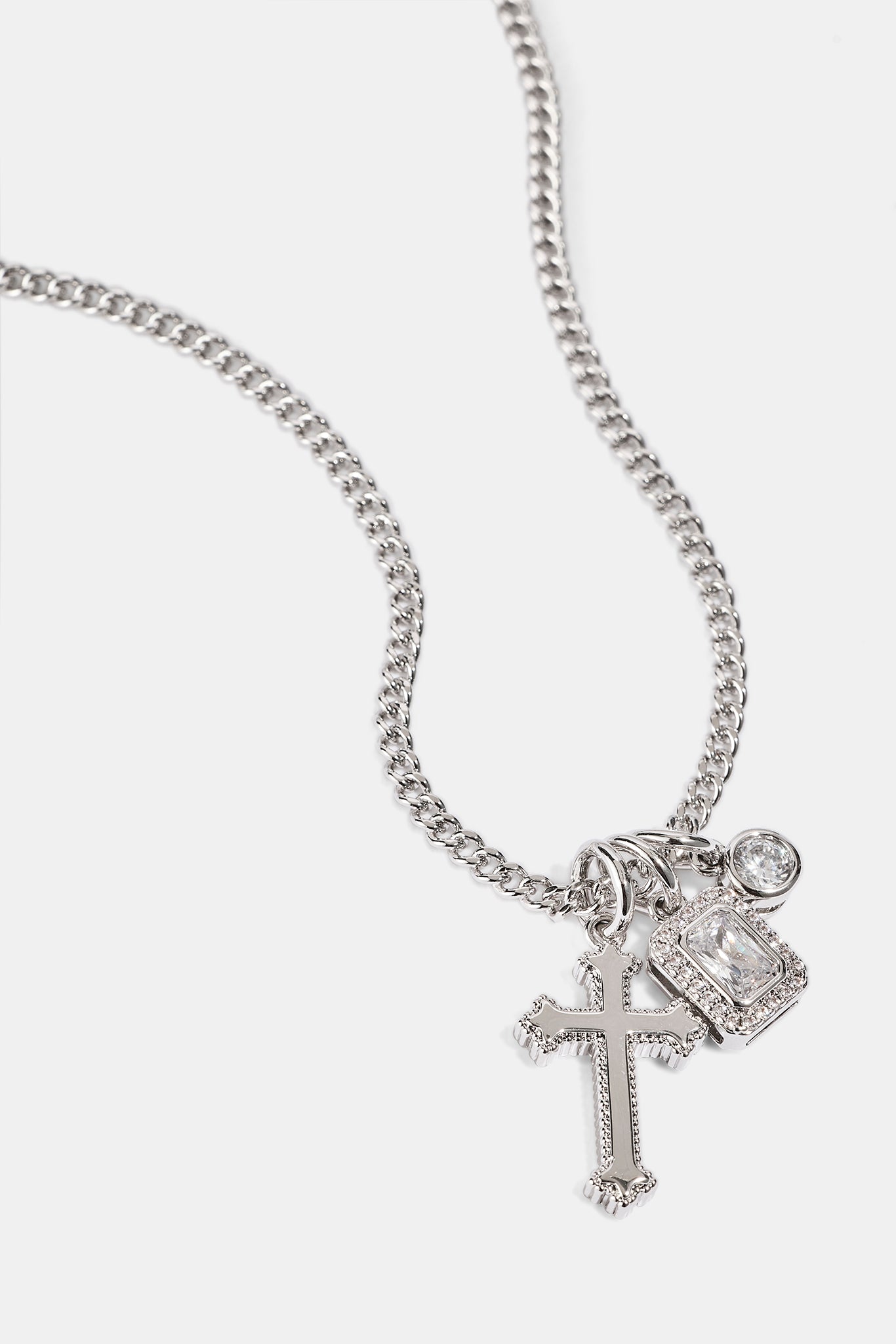 Clear Mixed Gemstone & Cross Layered Necklace - 20mm | Mens