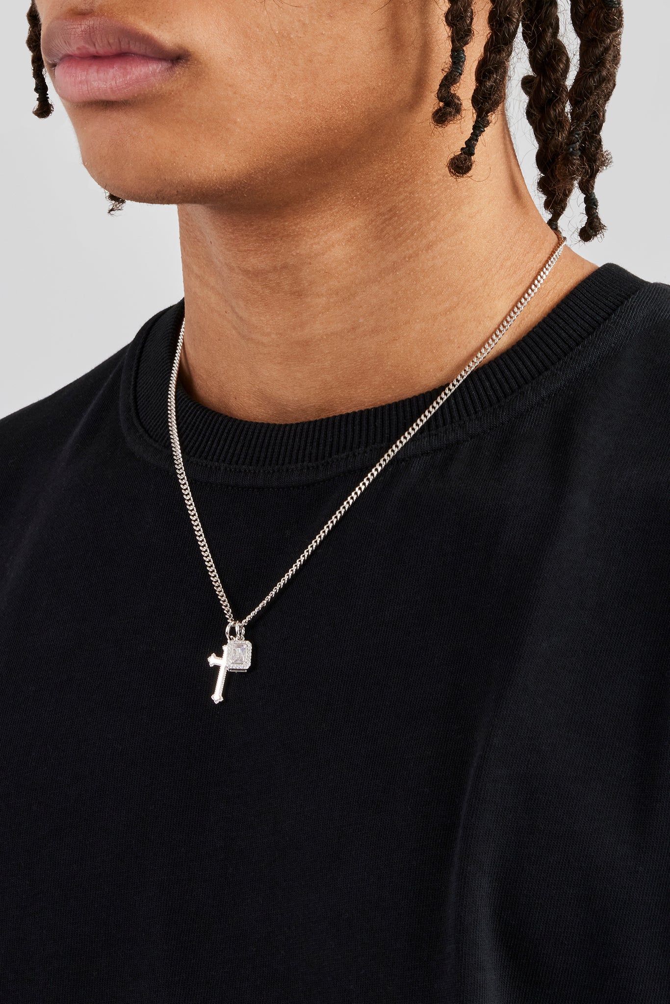 Clear Mixed Gemstone & Cross Layered Necklace - 20mm | Mens