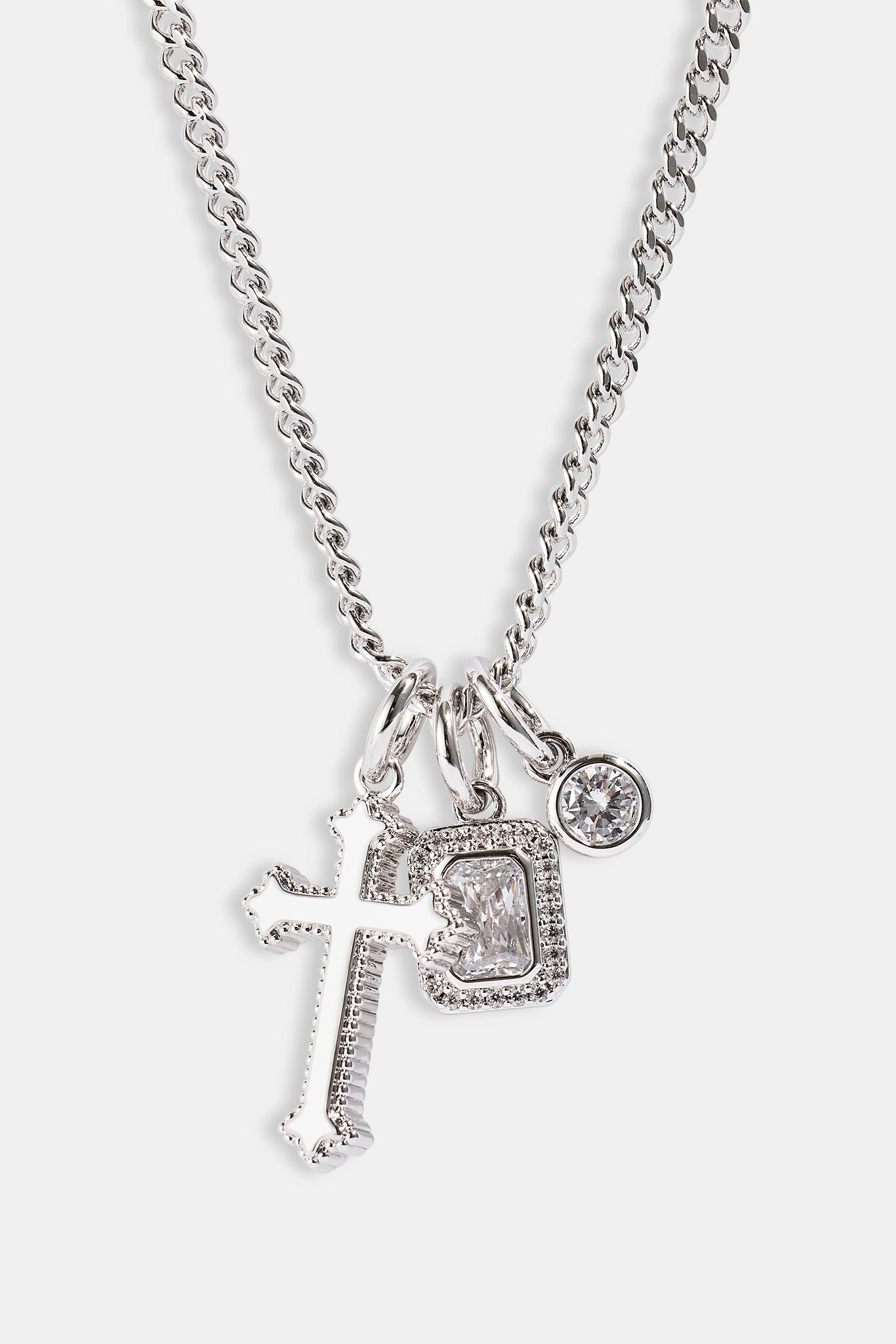 Clear Mixed Gemstone & Cross Layered Necklace - 20mm | Mens