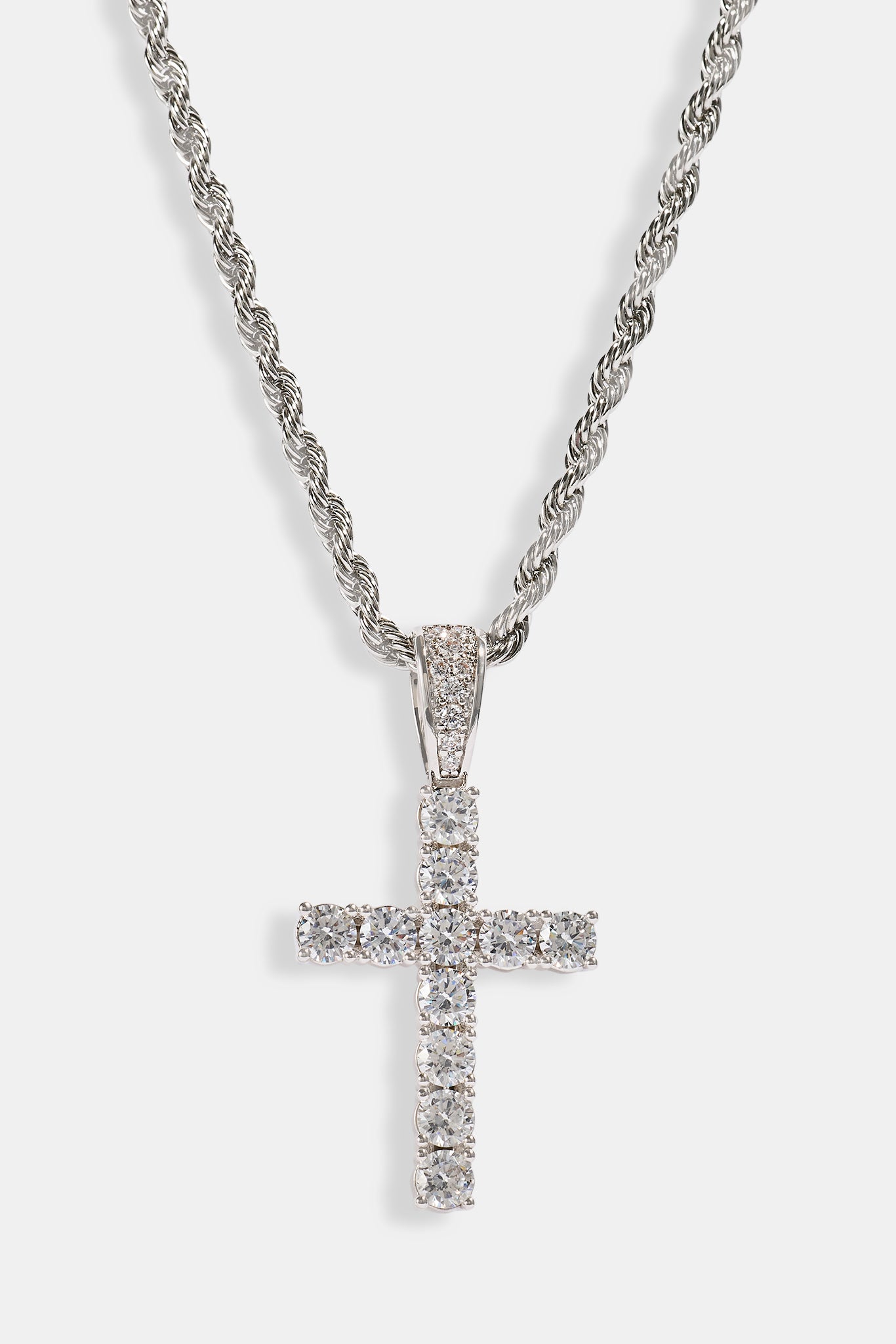 Iced Cross Pendant Rope Necklace - 30mm - White