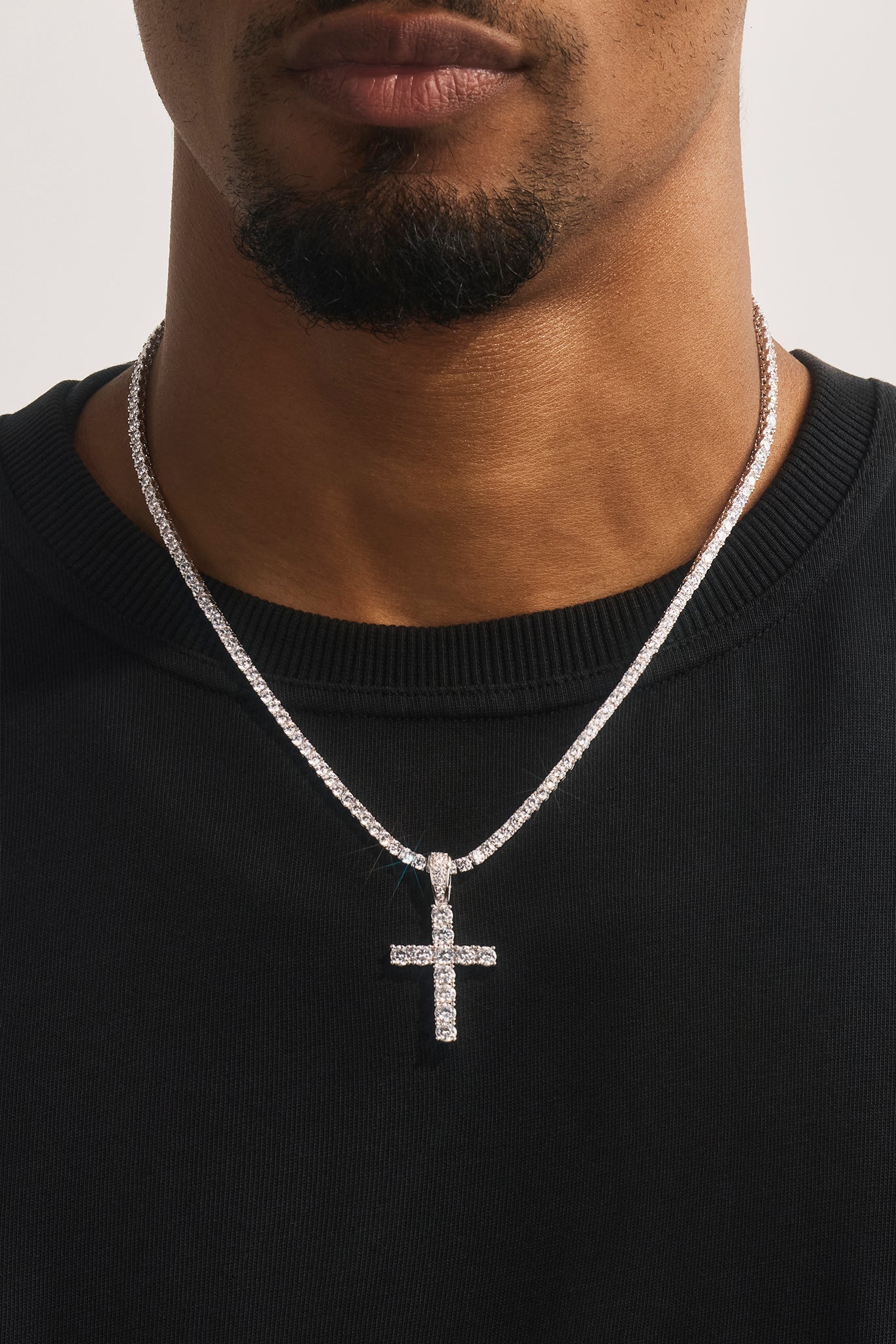 Iced Cross Pendant Tennis Necklace - 30mm - White