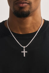 Iced Cross Pendant Tennis Necklace - 30mm - White