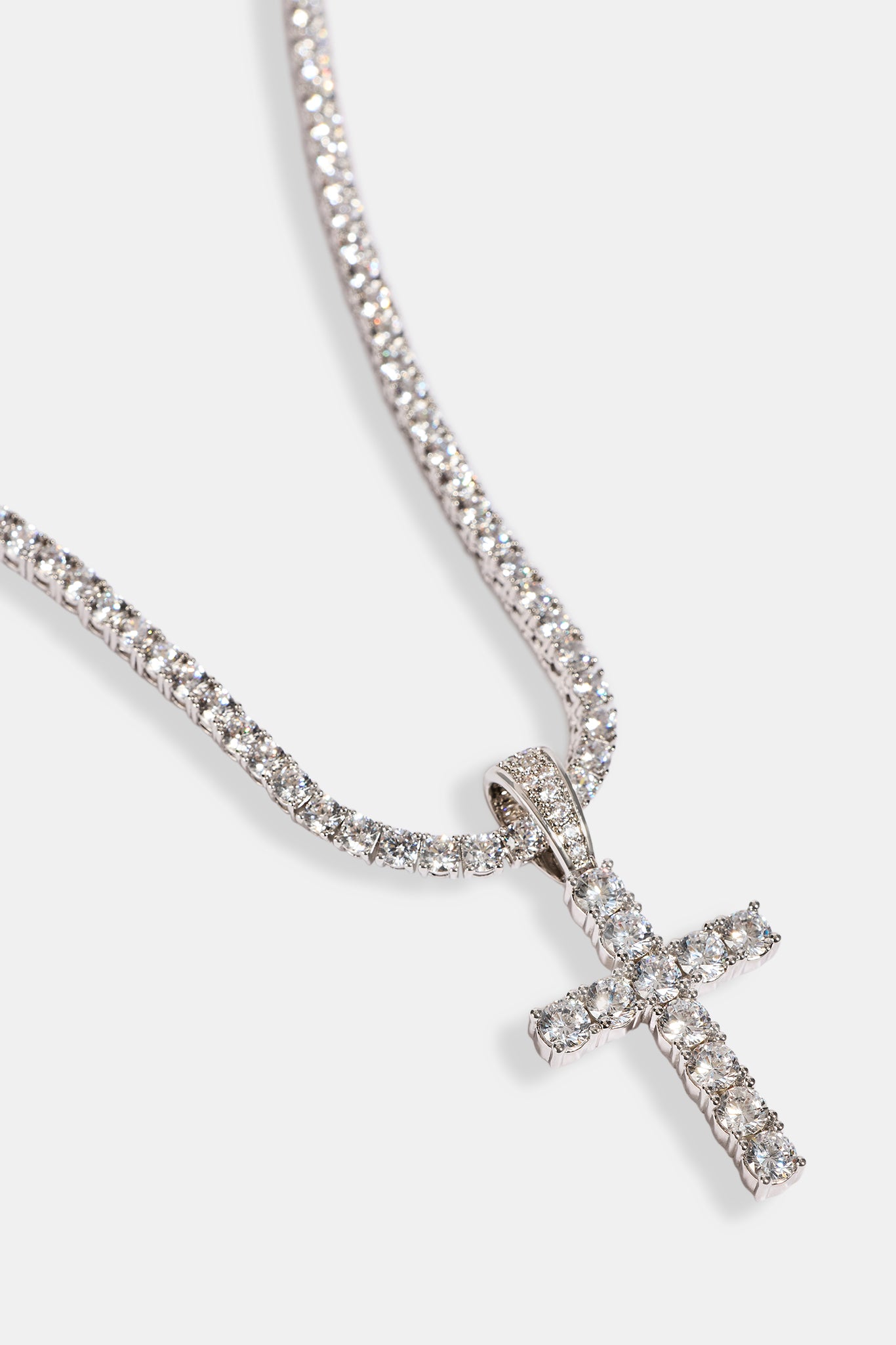Iced Cross Pendant Tennis Necklace - 30mm - White