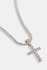 Iced Cross Pendant Tennis Necklace - 30mm - White