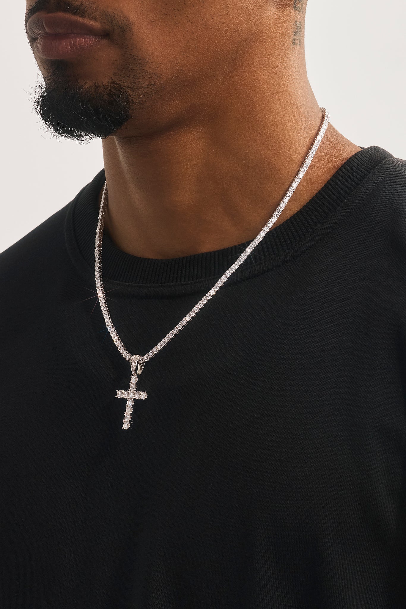 Iced Cross Pendant Tennis Necklace - 30mm - White