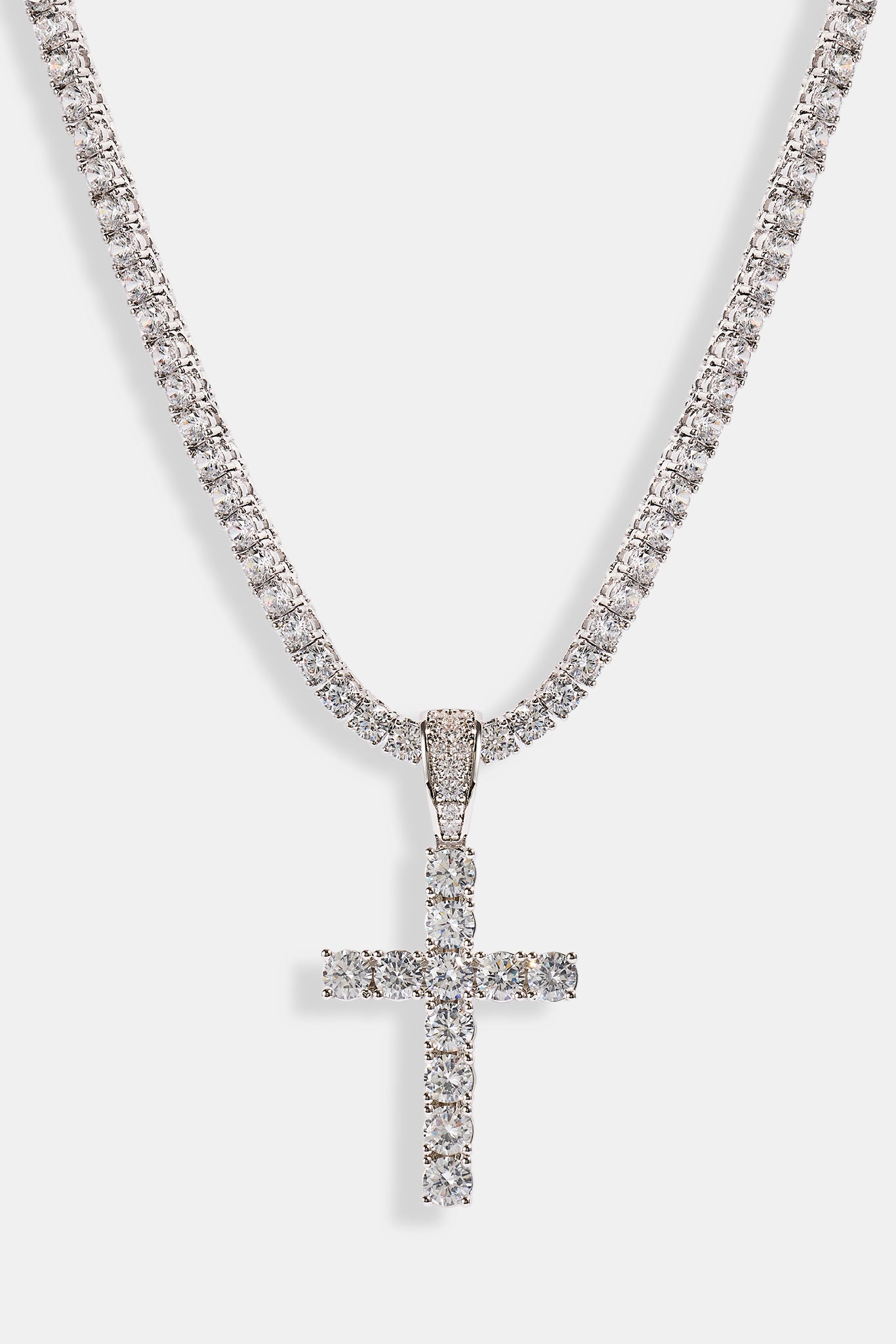 Iced Cross Pendant Tennis Necklace - 30mm - White
