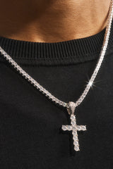 Iced Cross Pendant Tennis Necklace - 30mm - White