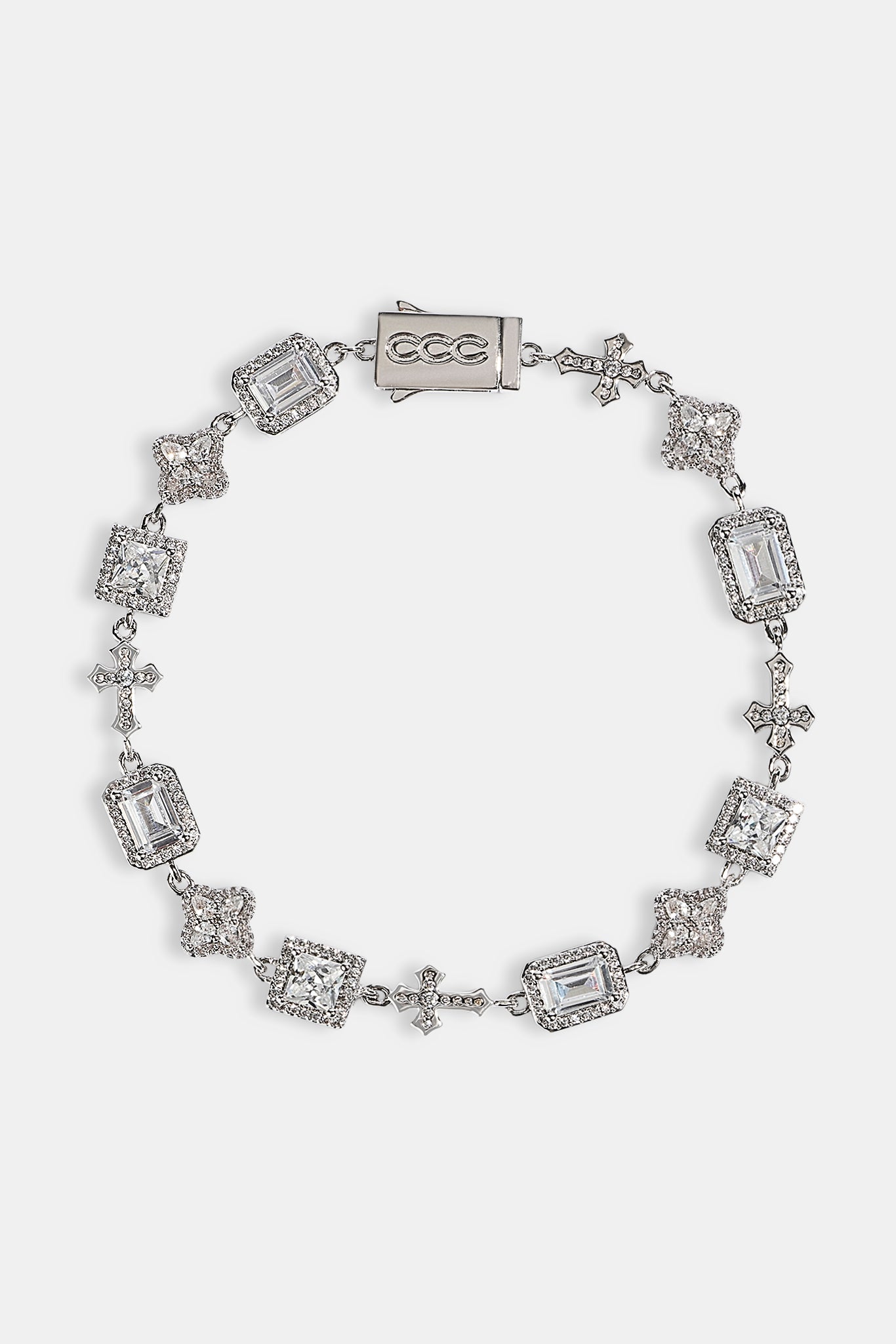 Clear Motif & Cross Gemstone Bracelet - 8mm - White
