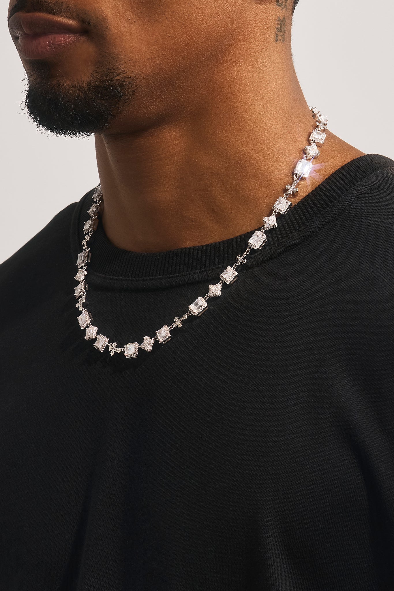 Clear Motif & Cross Gemstone Chain - 8mm - White