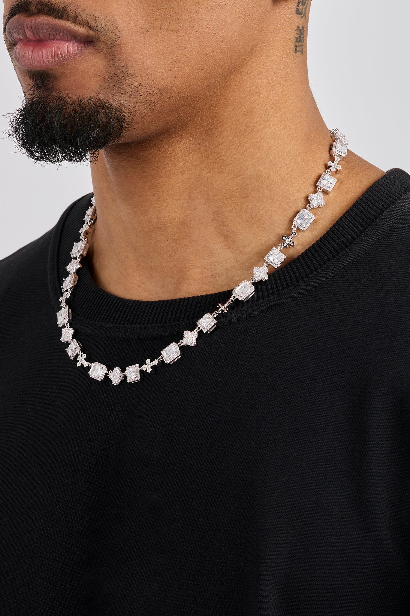 Clear Motif & Cross Gemstone Chain - 8mm - White