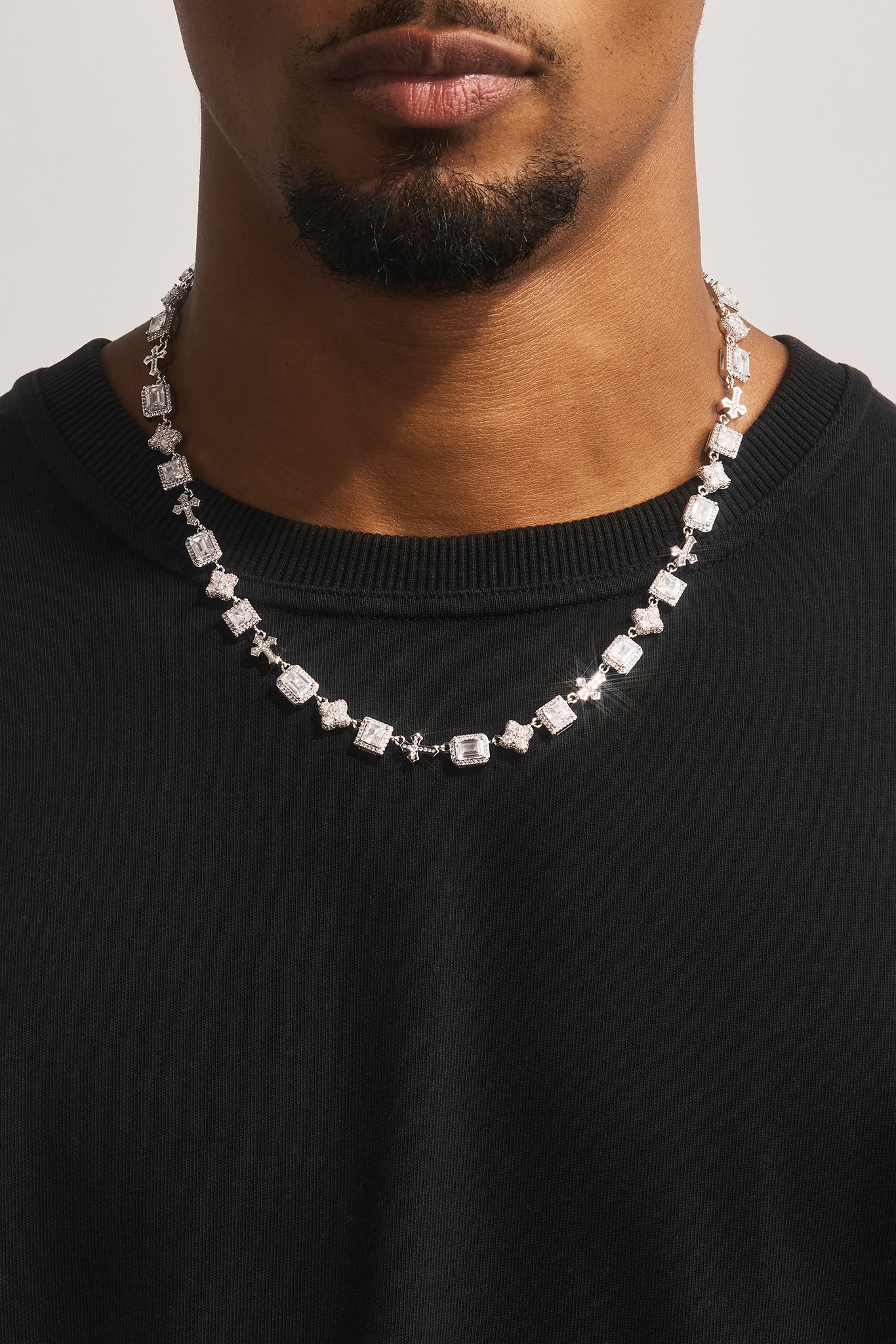 Clear Motif & Cross Gemstone Chain - 8mm - White