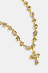 Damenkette mit eisbesetztem Anhänger, Kreuz- und Motivverzierung und mehreren Edelsteinen – 6 mm – Gold