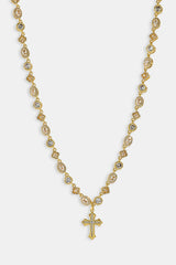 Damenkette mit eisbesetztem Anhänger, Kreuz- und Motivverzierung und mehreren Edelsteinen – 6 mm – Gold