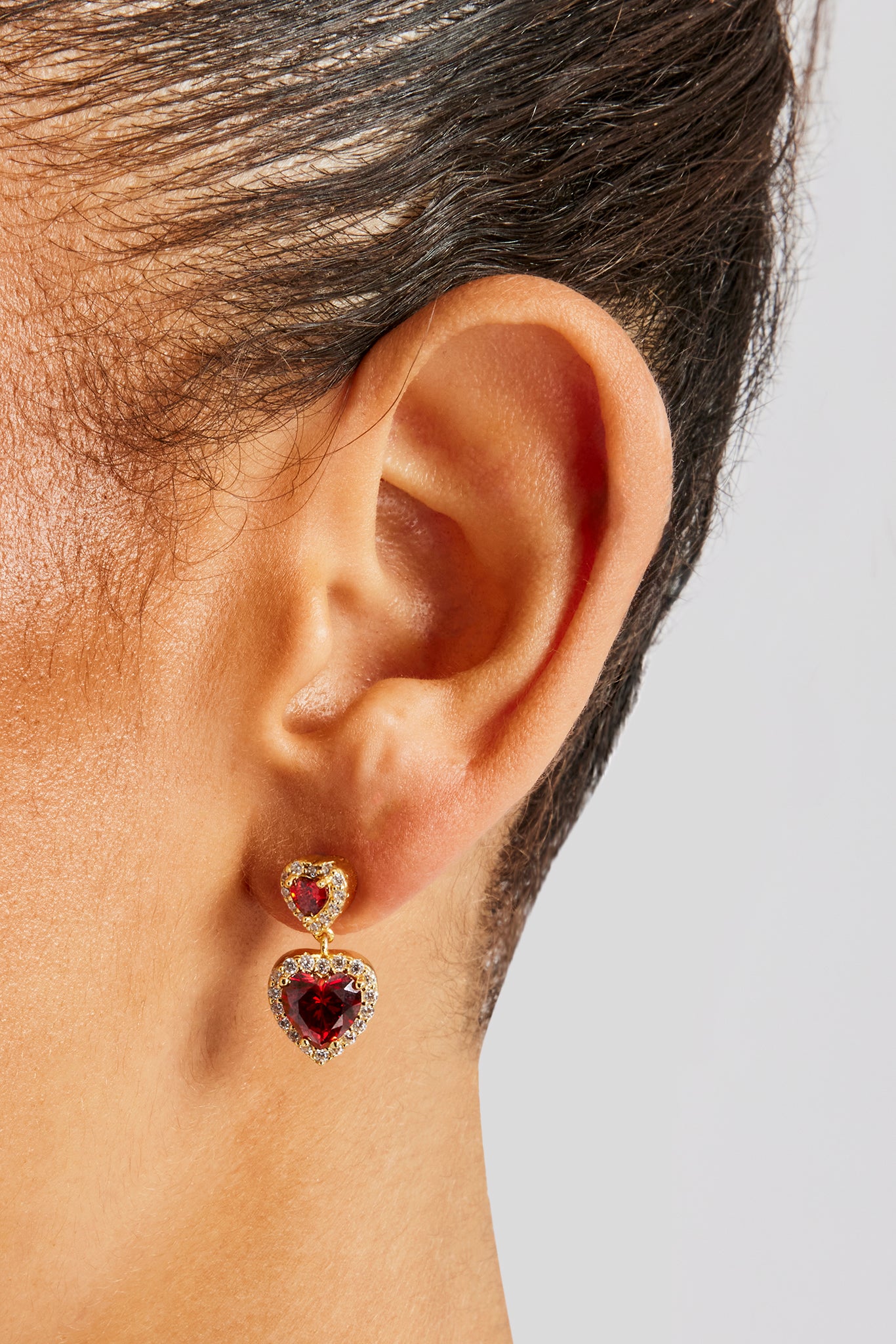 Red Double Heart Drop Earrings - Gold - 25mm