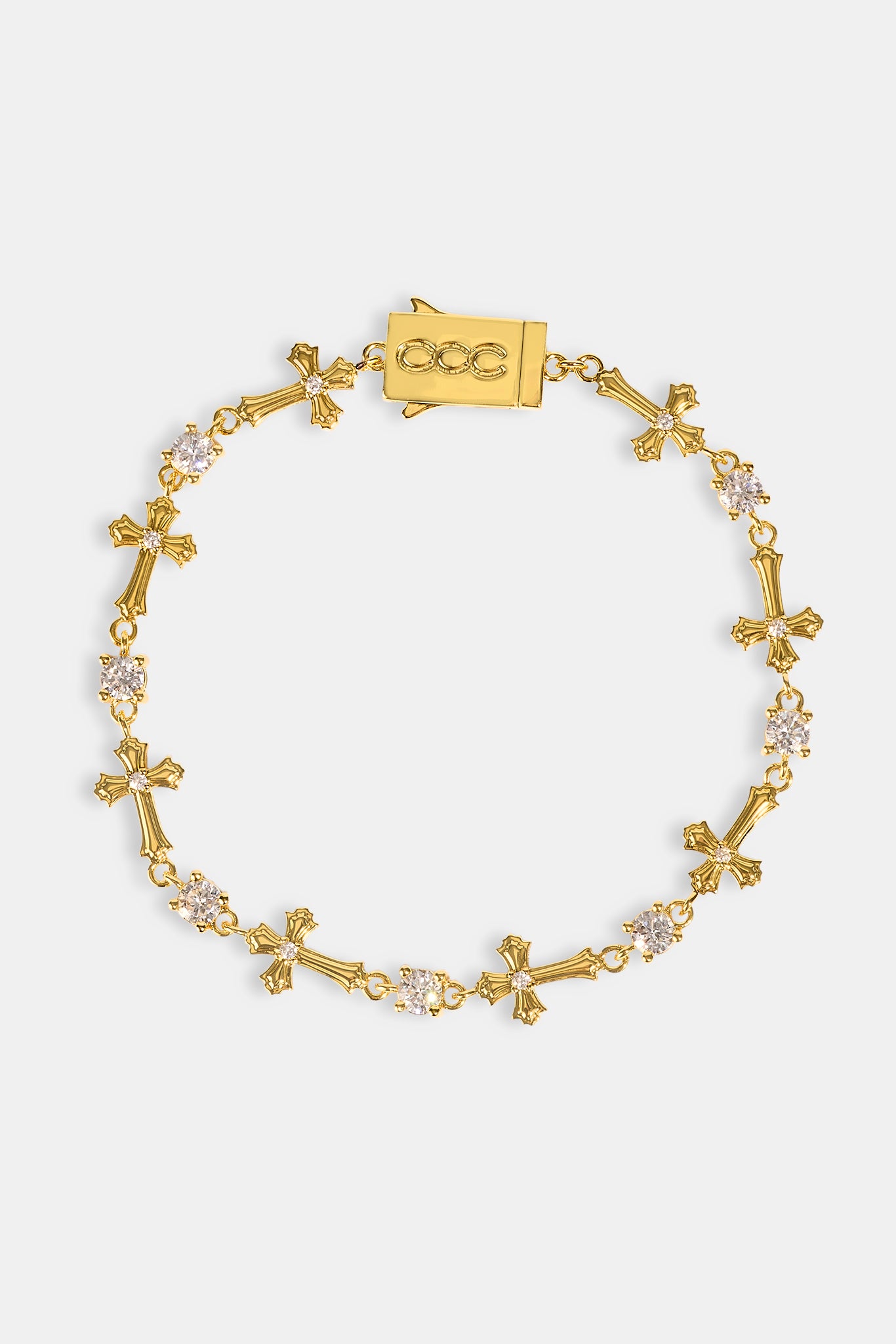 Polished Cross & Circular CZ Bracelet - 4mm - Gold