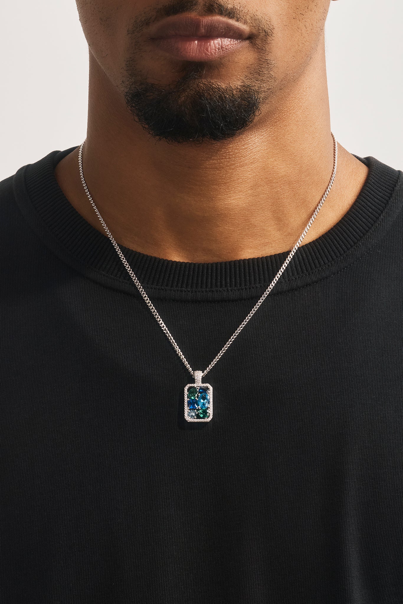 Blue Mixed Gemstone Pendant Necklace - 20mm - White