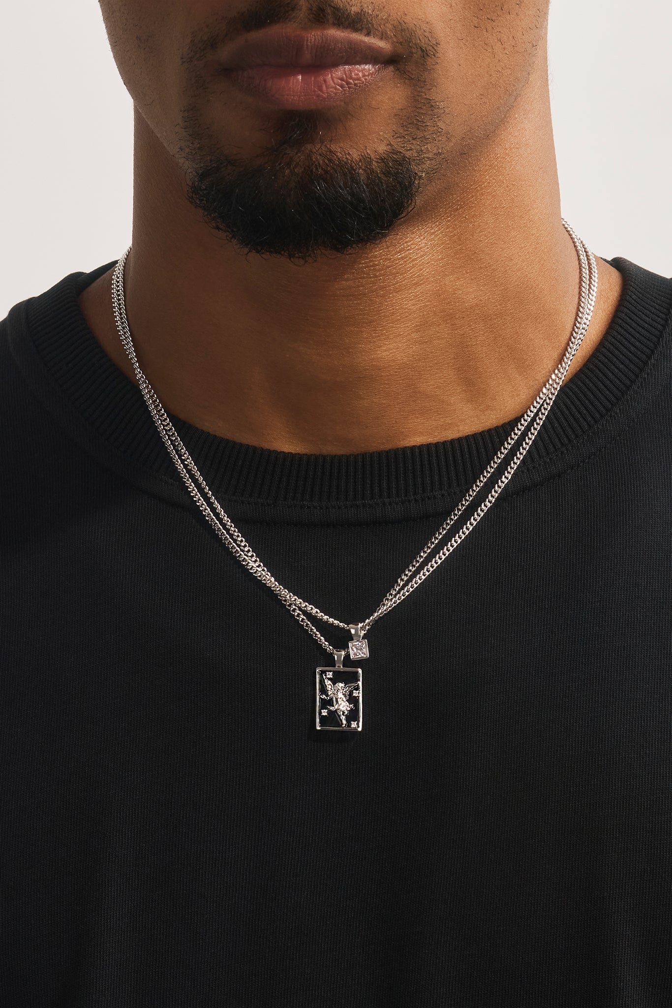 Black Enamel Double Layer Stone & Cherub Pendant Necklace - 20mm - White