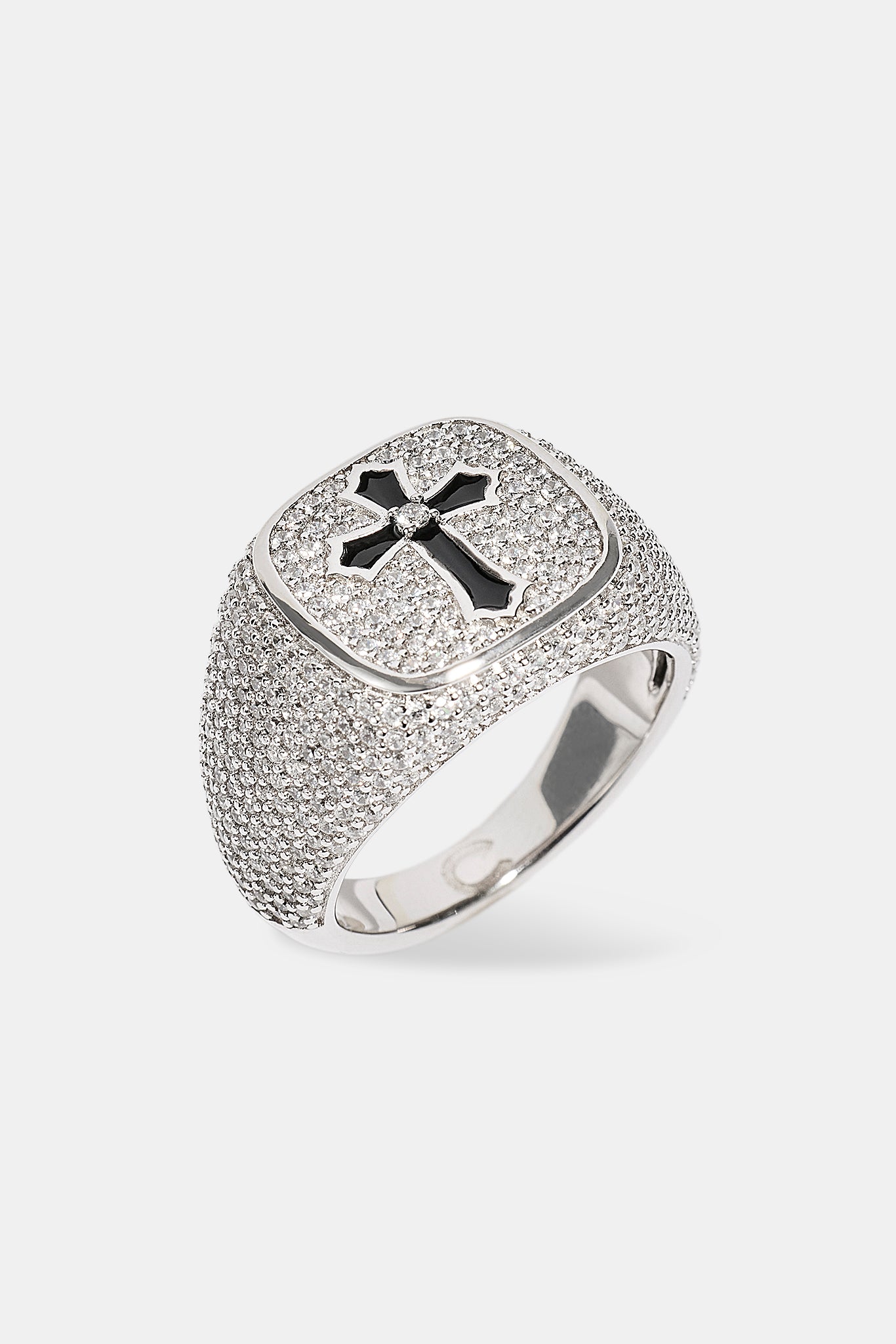 Black Enamel Cross & Iced Pave Signet - 15mm - White