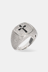 Black Enamel Cross & Iced Pave Signet - 15mm - White